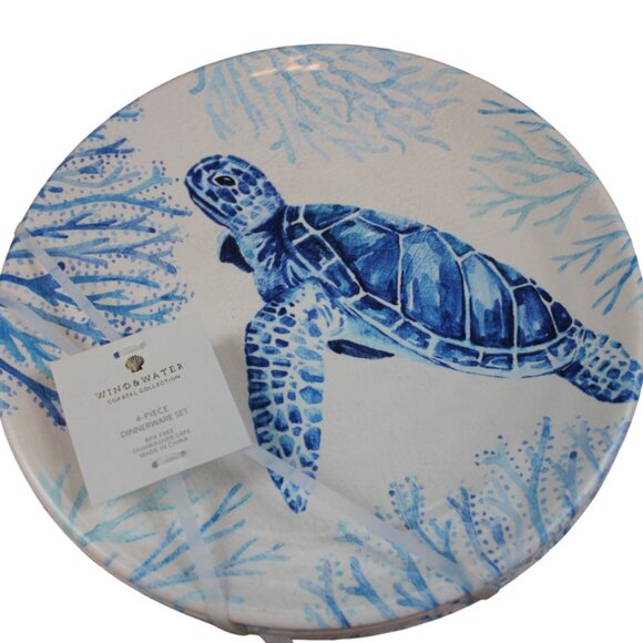 Wind & Water Coastal Dinner Plates Sea Turtle Set of 4 Melamine 11" Blue NWT - Picture 1 of 7